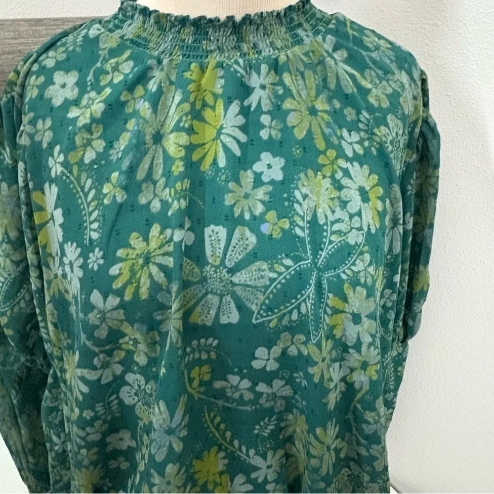 Free People Green Puff Sleeve Ruffled Blouse